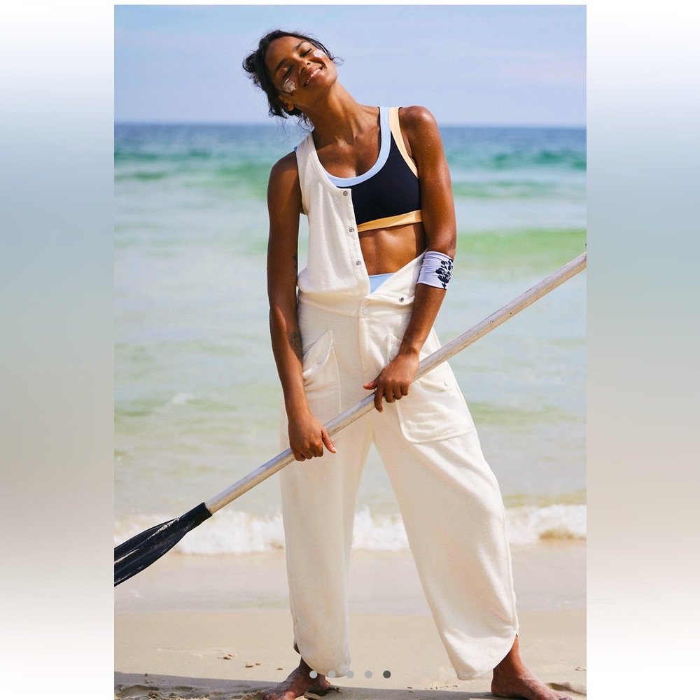 Free People Cream Button-Front Sleeveless Jumpsuit with Navy Bralette